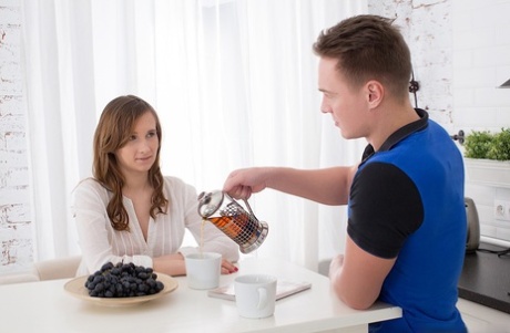 Young girl Stasya Stoune has sex with a boy after he serves her breakfast