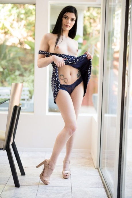 Dark haired with small tits Sadie Blake strips naked before seducing her man