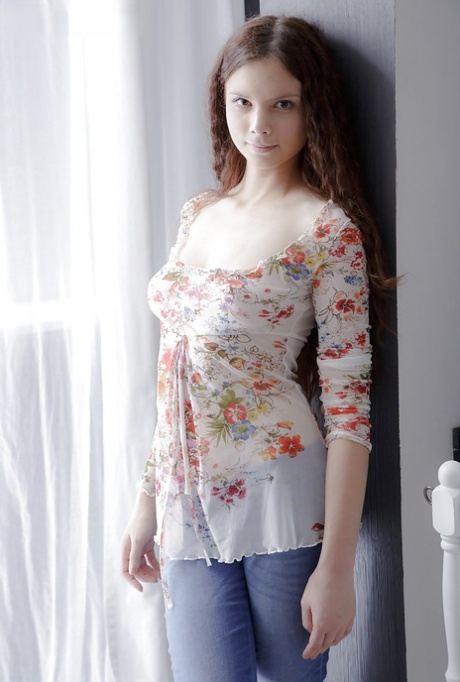 Beautiful young babe Mary revealing perfect teen tits and bald cooter