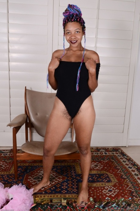 Sexy ballerina Oya strips to show big tits & spread her hairy pussy on a chair