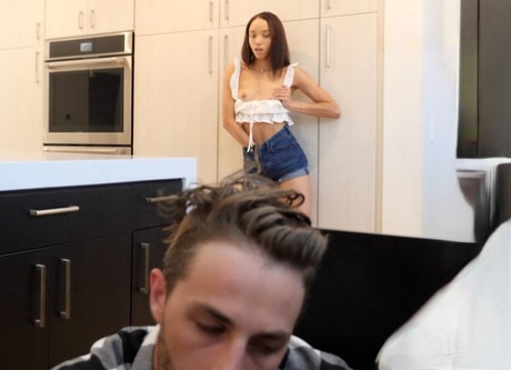 Pretty slender teen Alexis Tae spreads legs and takes dick in her trimmed twat