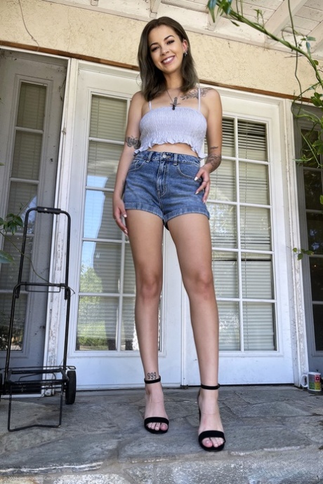 Sweet teen with pierced big tits Bella Luna shows her pussy up close
