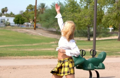 Geeky blonde Violet shamelessly toying her sexy holes in public