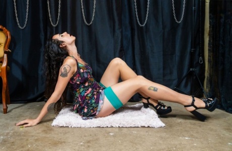 Inked brunette shemale Octavia Fox exposes her long cock and poses
