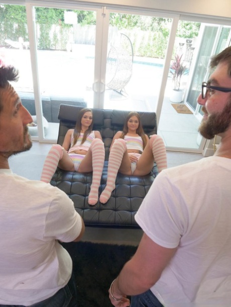 Brunette teen Sami White & her twin fuck two stiff boners & enjoys a facial